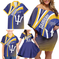 Custom Barbados Royals Cricket Family Matching Off Shoulder Short Dress and Hawaiian Shirt Go Champions Tridents Yellow Version