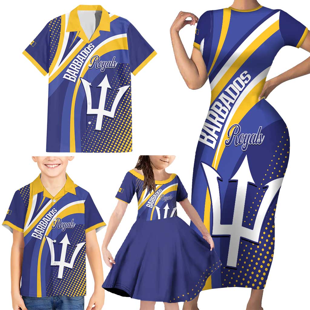 Custom Barbados Royals Cricket Family Matching Short Sleeve Bodycon Dress and Hawaiian Shirt Go Champions Tridents Yellow Version