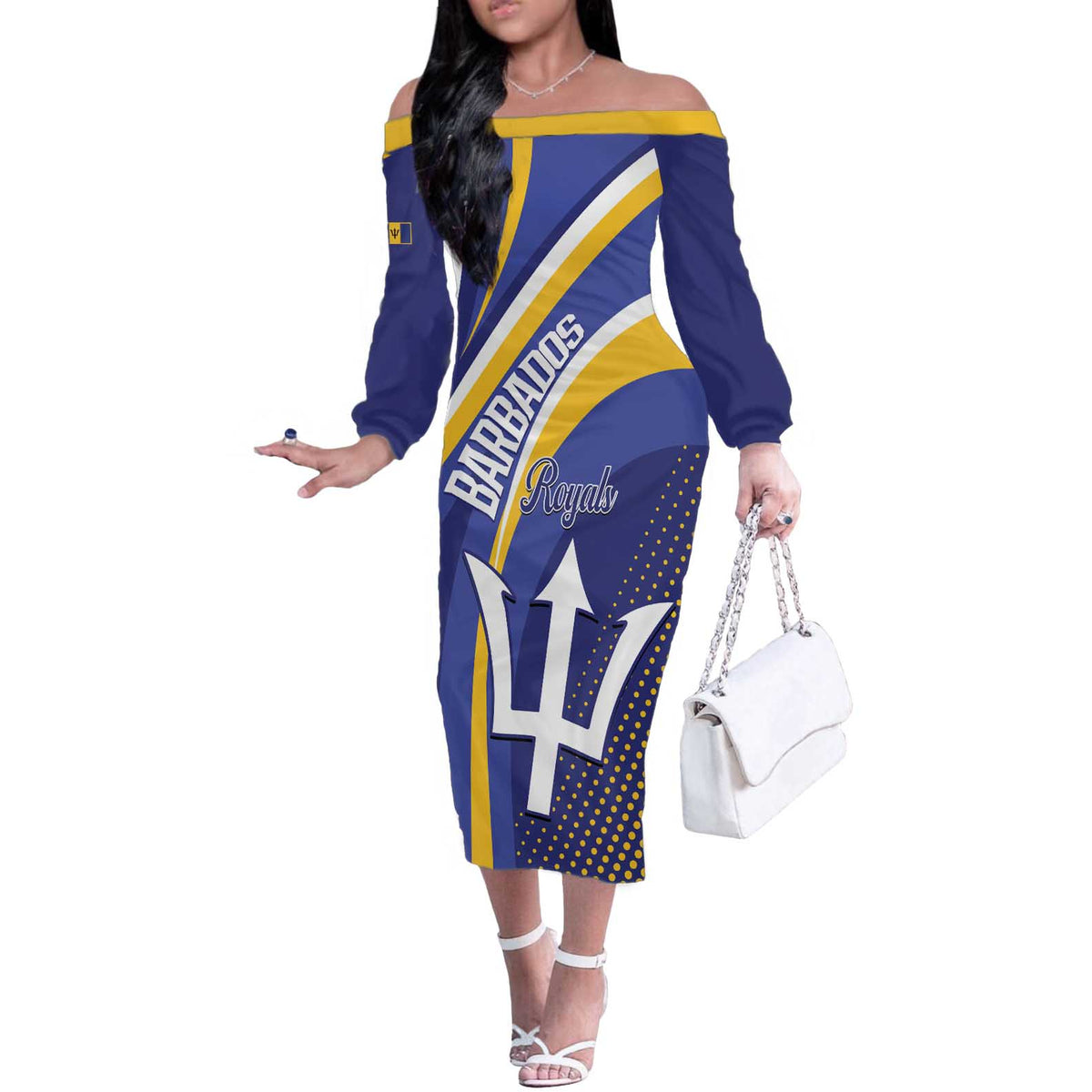 Custom Barbados Royals Cricket Off The Shoulder Long Sleeve Dress Go Champions Tridents Yellow Version