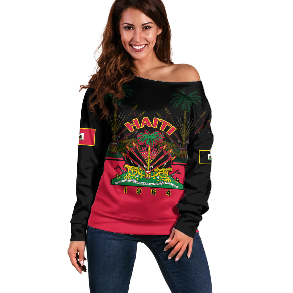 Personalised Haiti 1964 Off Shoulder Sweater Coat Of Arms Flag Style - Wonder Print Shop