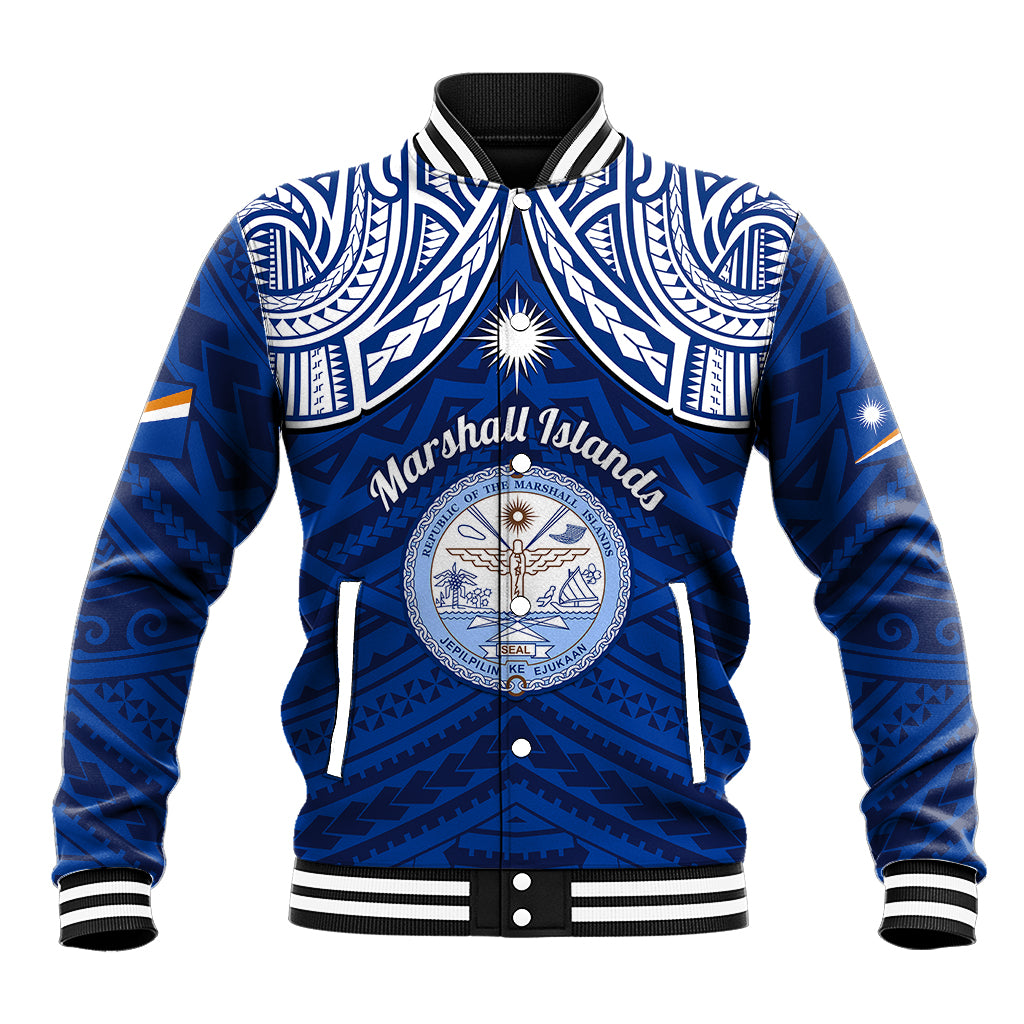 Marshall Islands Baseball Jacket Blue Polynesian Tribal Mix Coat Of Arms - Wonder Print Shop