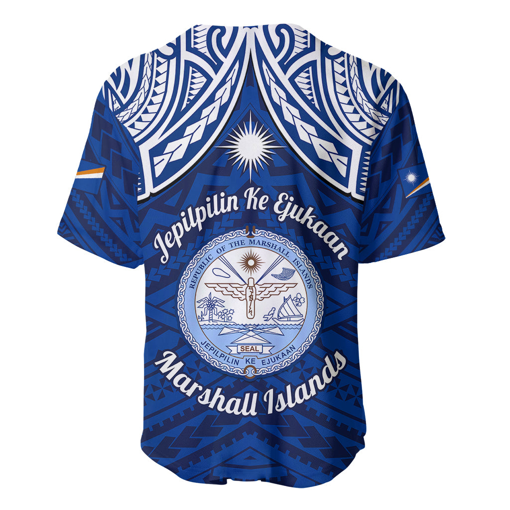 Marshall Islands Baseball Jersey Blue Polynesian Tribal Mix Coat Of Arms - Wonder Print Shop