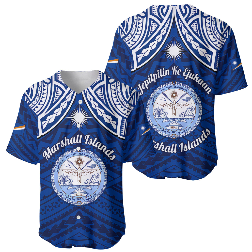 Marshall Islands Baseball Jersey Blue Polynesian Tribal Mix Coat Of Arms - Wonder Print Shop
