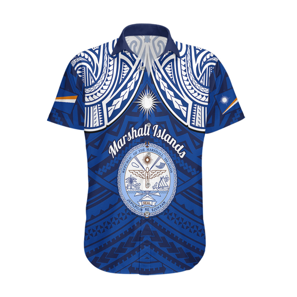 Marshall Islands Hawaiian Shirt Blue Polynesian Tribal Mix Coat Of Arms - Wonder Print Shop