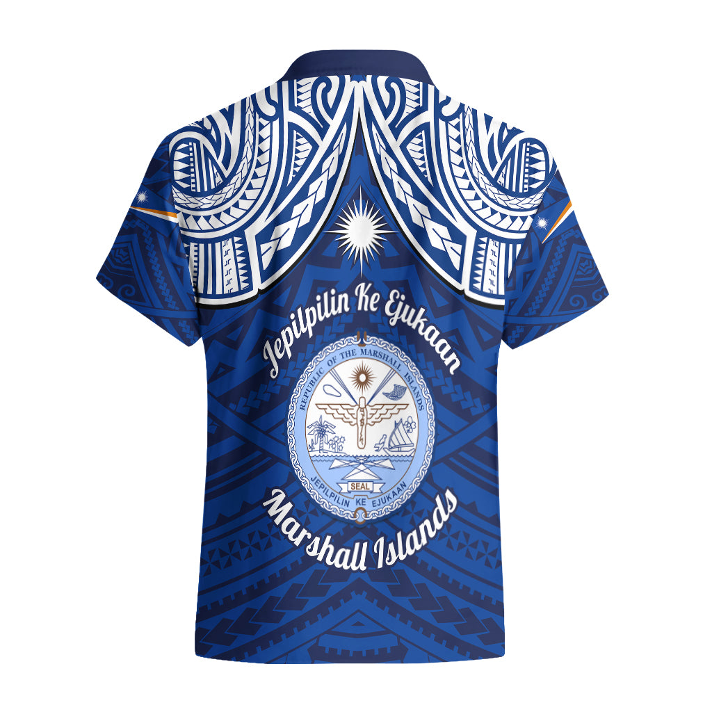 Marshall Islands Hawaiian Shirt Blue Polynesian Tribal Mix Coat Of Arms - Wonder Print Shop