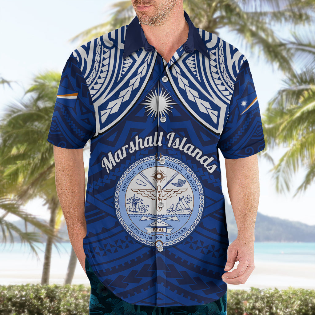 Marshall Islands Hawaiian Shirt Blue Polynesian Tribal Mix Coat Of Arms - Wonder Print Shop