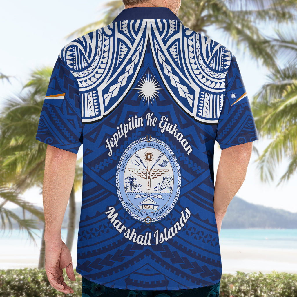 Marshall Islands Hawaiian Shirt Blue Polynesian Tribal Mix Coat Of Arms - Wonder Print Shop
