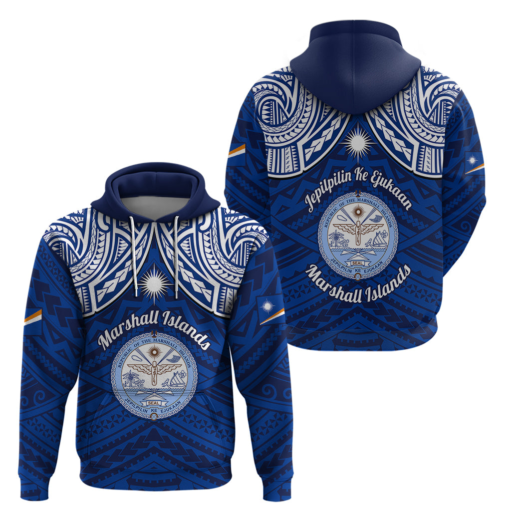 Marshall Islands Hoodie Blue Polynesian Tribal Mix Coat Of Arms - Wonder Print Shop