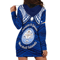 Marshall Islands Hoodie Dress Blue Polynesian Tribal Mix Coat Of Arms - Wonder Print Shop