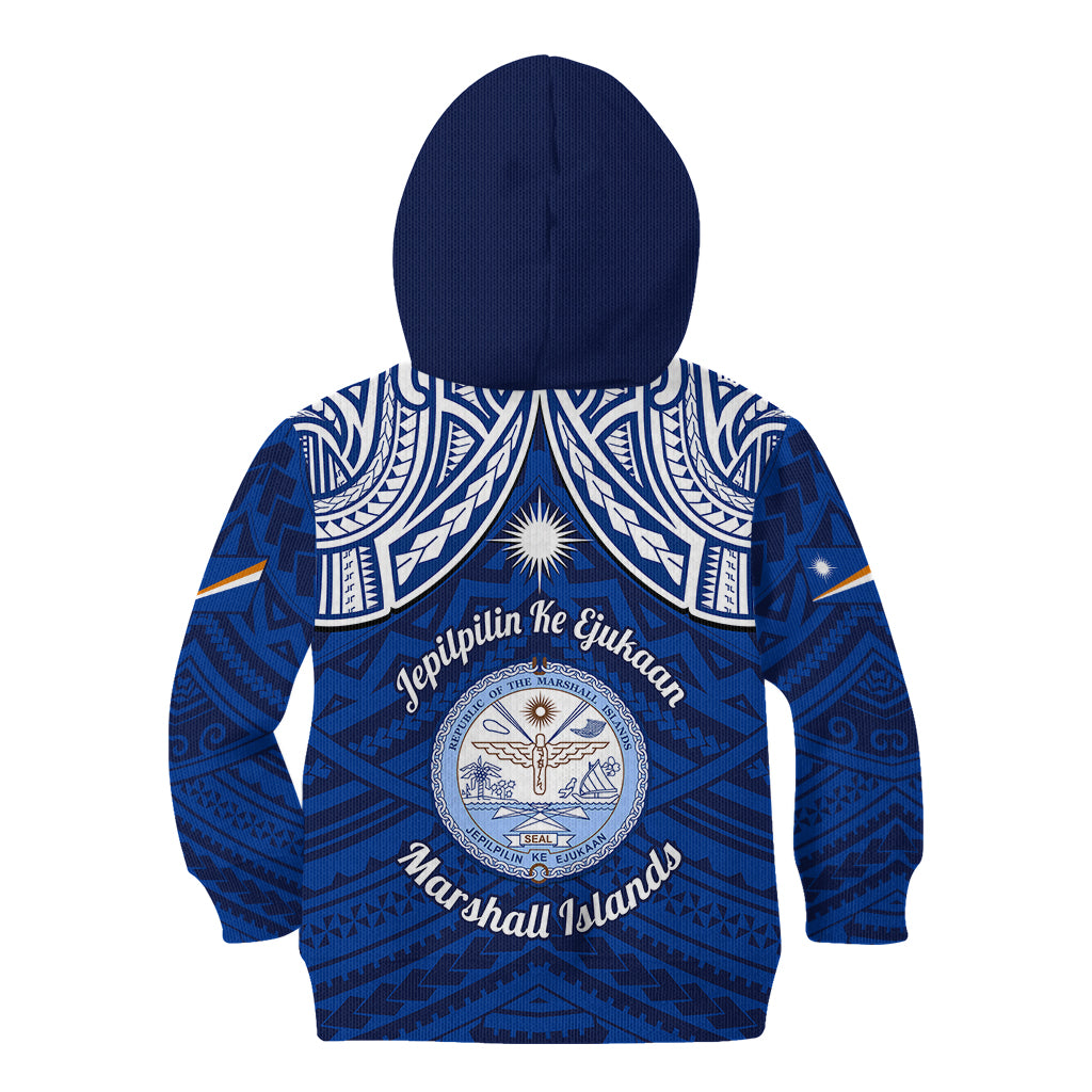 Marshall Islands Kid Hoodie Blue Polynesian Tribal Mix Coat Of Arms - Wonder Print Shop