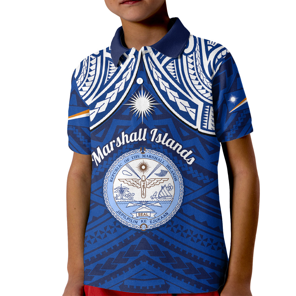 Marshall Islands Kid Polo Shirt Blue Polynesian Tribal Mix Coat Of Arms - Wonder Print Shop