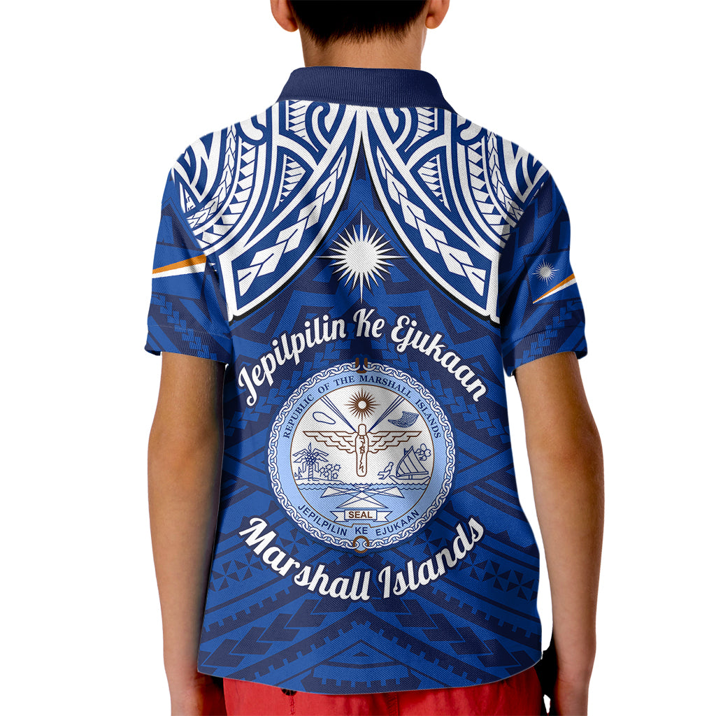 Marshall Islands Kid Polo Shirt Blue Polynesian Tribal Mix Coat Of Arms - Wonder Print Shop