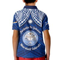 Marshall Islands Kid Polo Shirt Blue Polynesian Tribal Mix Coat Of Arms - Wonder Print Shop