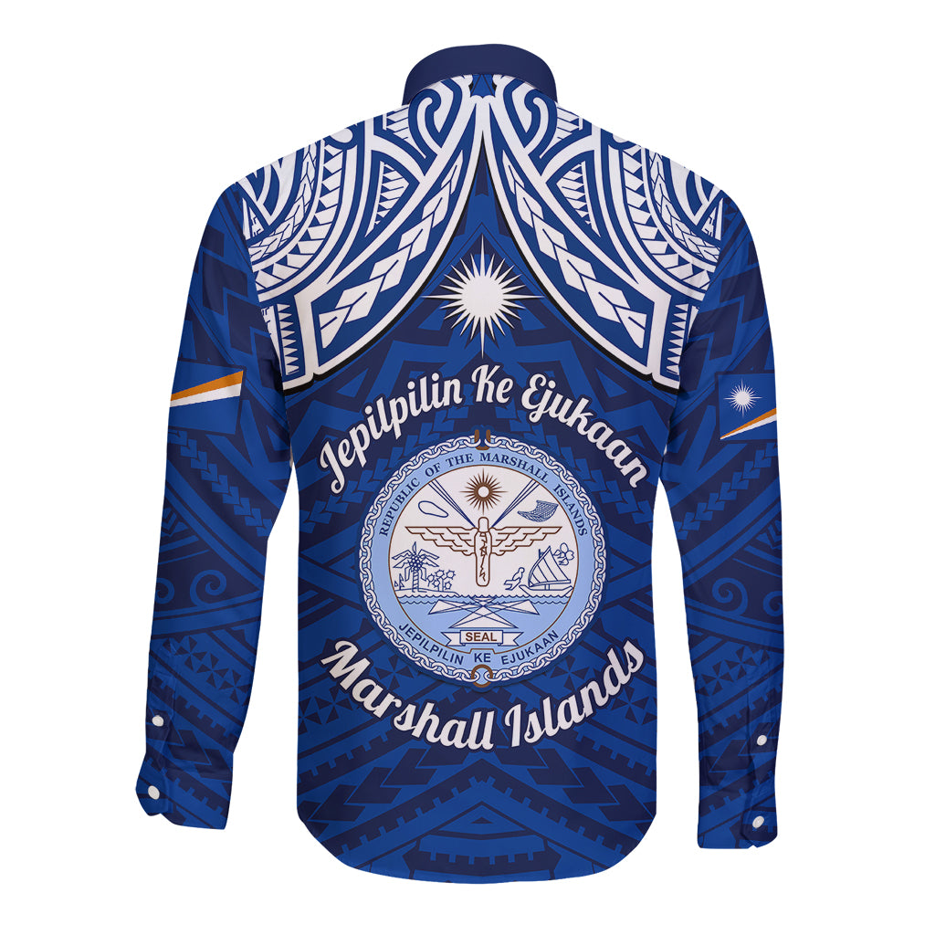 Marshall Islands Long Sleeve Button Shirt Blue Polynesian Tribal Mix Coat Of Arms - Wonder Print Shop