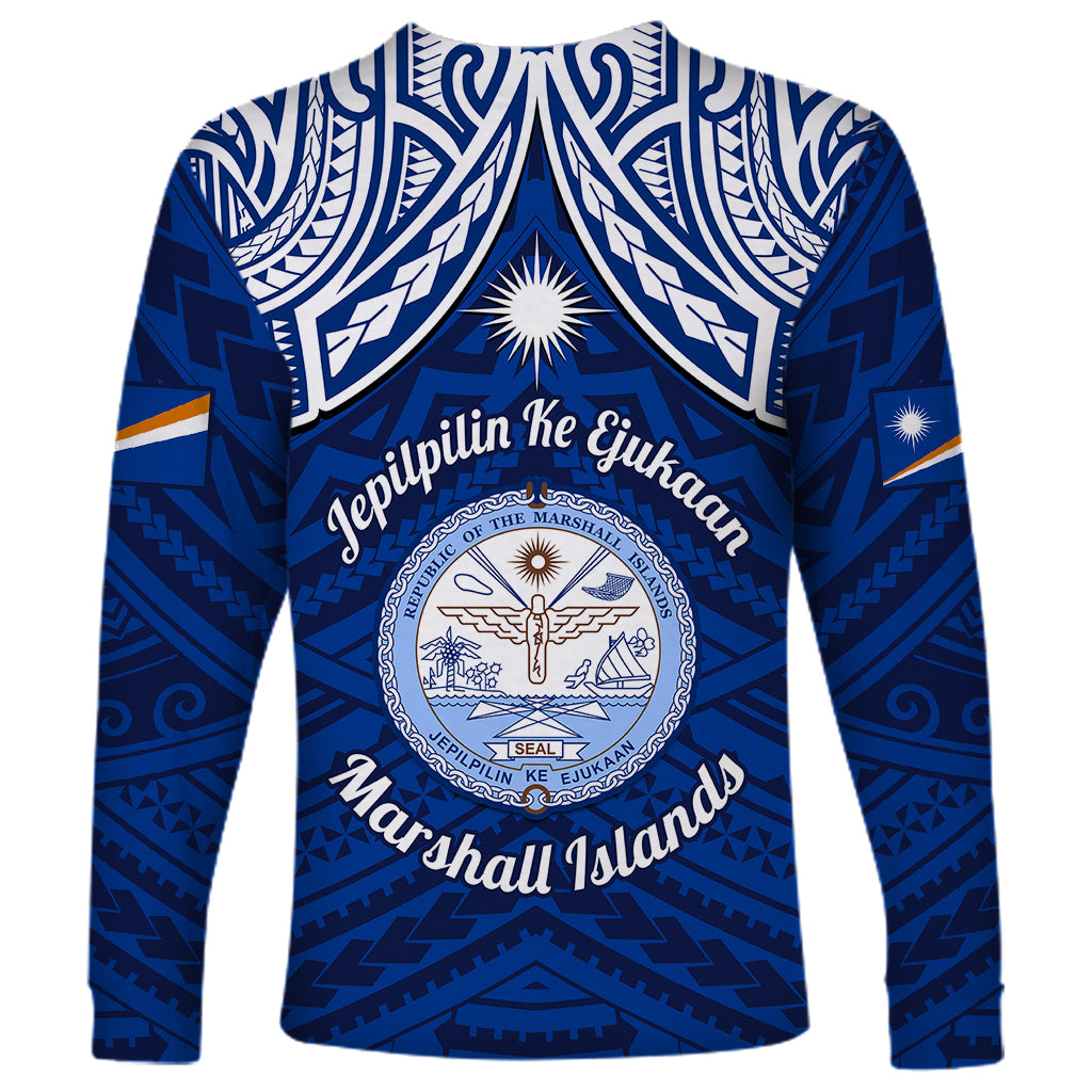 Marshall Islands Long Sleeve Shirt Blue Polynesian Tribal Mix Coat Of Arms - Wonder Print Shop