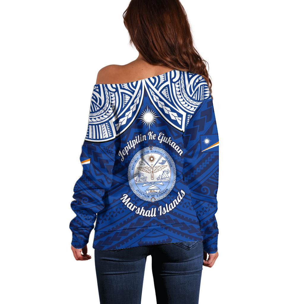 Marshall Islands Off Shoulder Sweater Blue Polynesian Tribal Mix Coat Of Arms - Wonder Print Shop