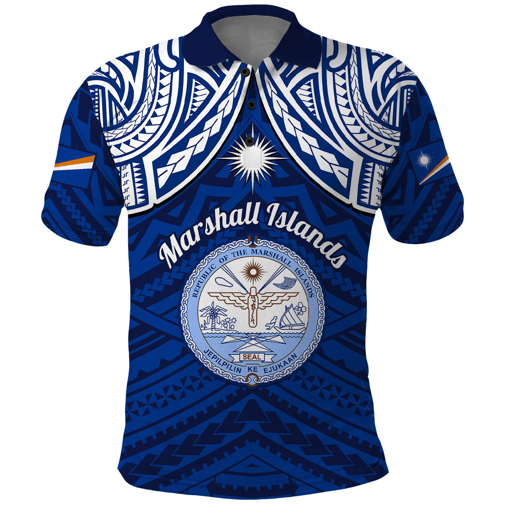 Marshall Islands Polo Shirt Blue Polynesian Tribal Mix Coat Of Arms - Wonder Print Shop