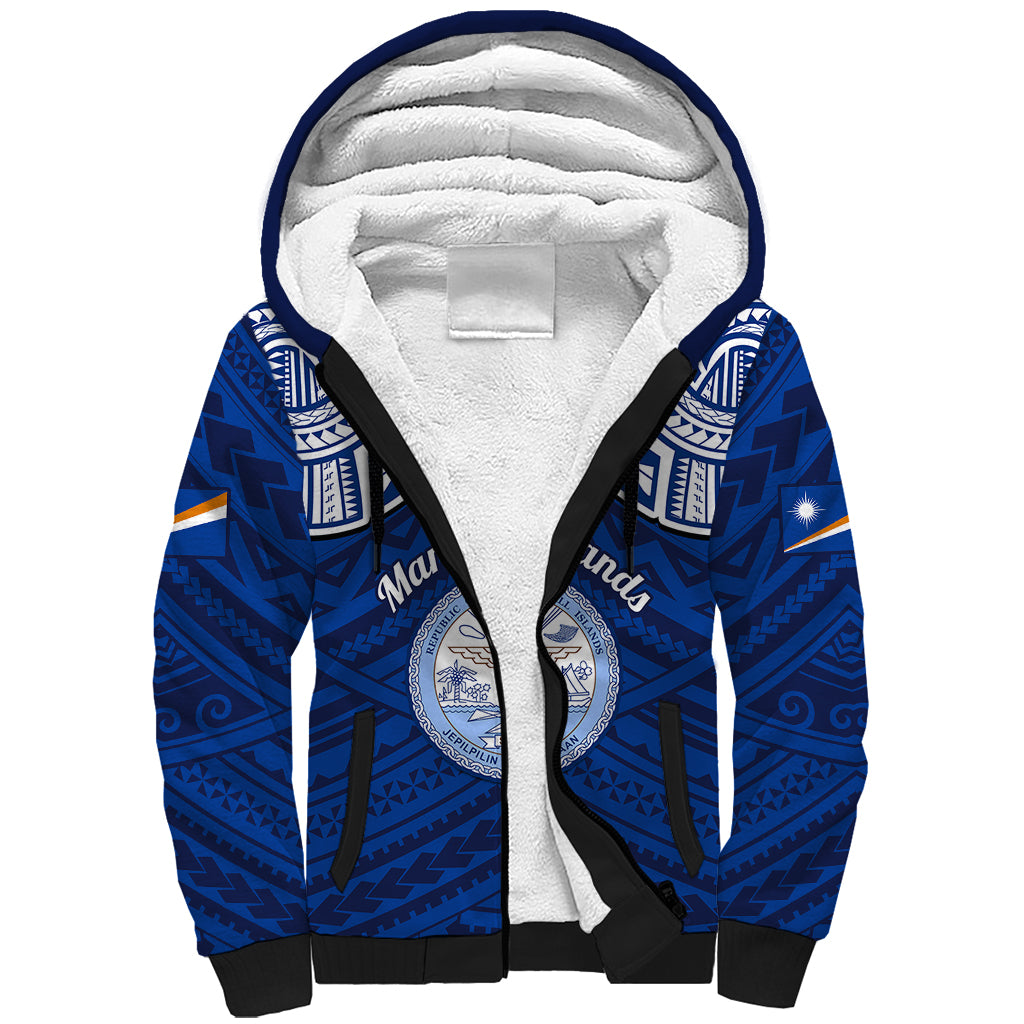 Marshall Islands Sherpa Hoodie Blue Polynesian Tribal Mix Coat Of Arms - Wonder Print Shop