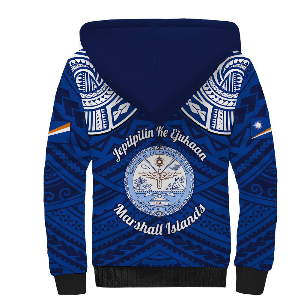 Marshall Islands Sherpa Hoodie Blue Polynesian Tribal Mix Coat Of Arms - Wonder Print Shop