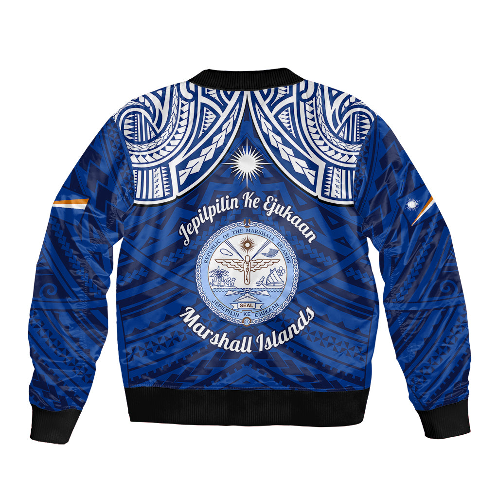 Marshall Islands Sleeve Zip Bomber Jacket Blue Polynesian Tribal Mix Coat Of Arms - Wonder Print Shop