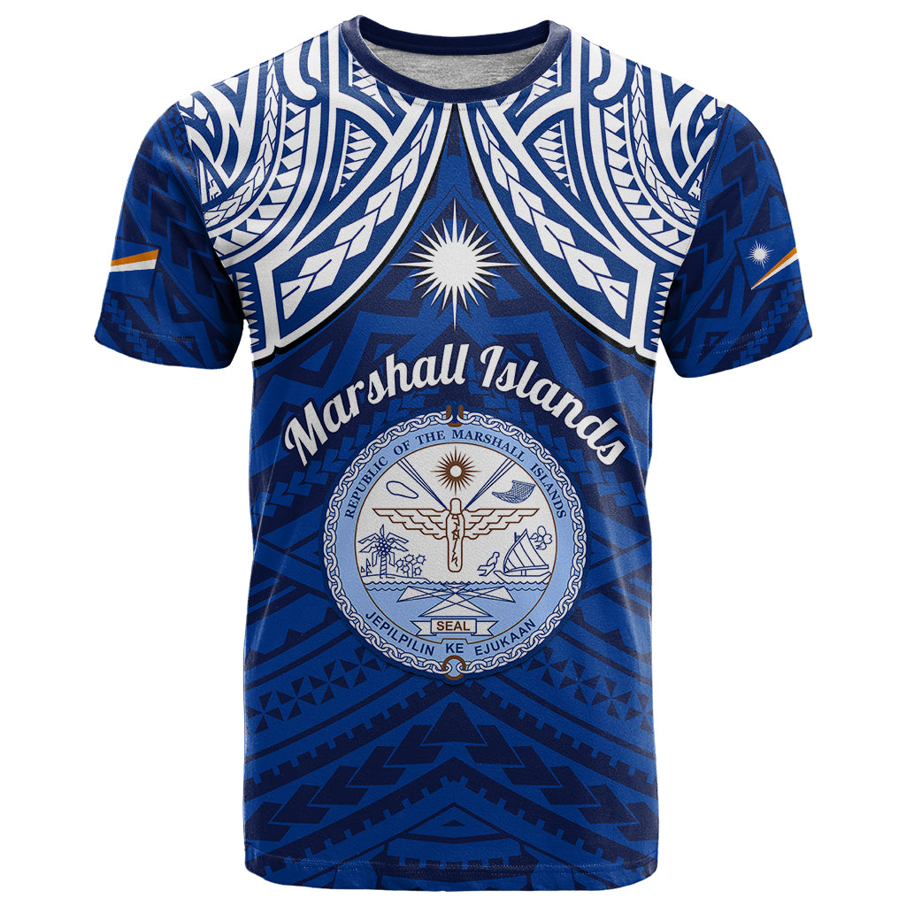 Marshall Islands T Shirt Blue Polynesian Tribal Mix Coat Of Arms - Wonder Print Shop