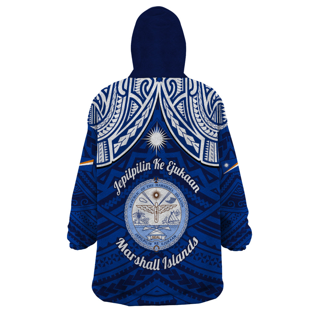 Marshall Islands Wearable Blanket Hoodie Blue Polynesian Tribal Mix Coat Of Arms - Wonder Print Shop