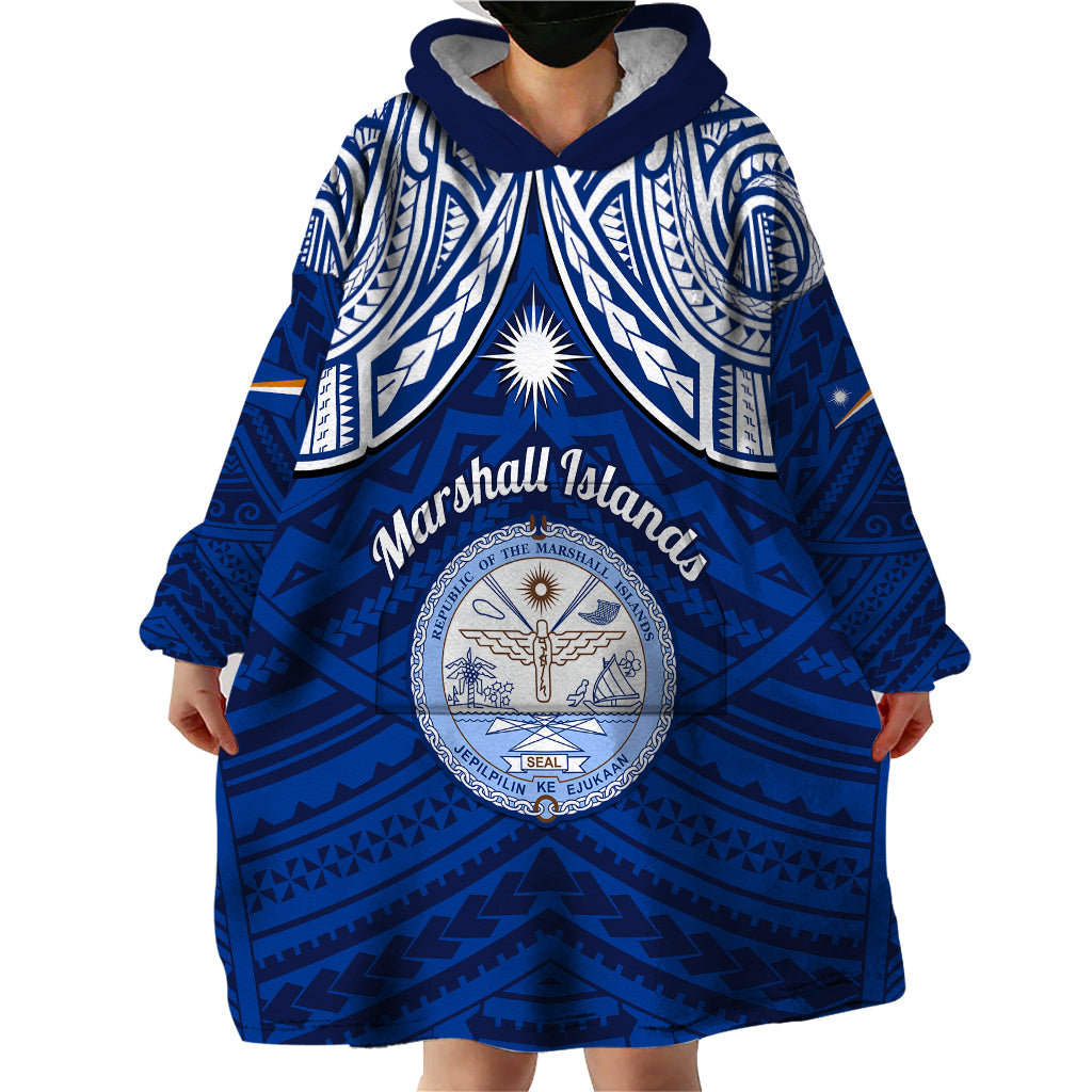 Marshall Islands Wearable Blanket Hoodie Blue Polynesian Tribal Mix Coat Of Arms - Wonder Print Shop