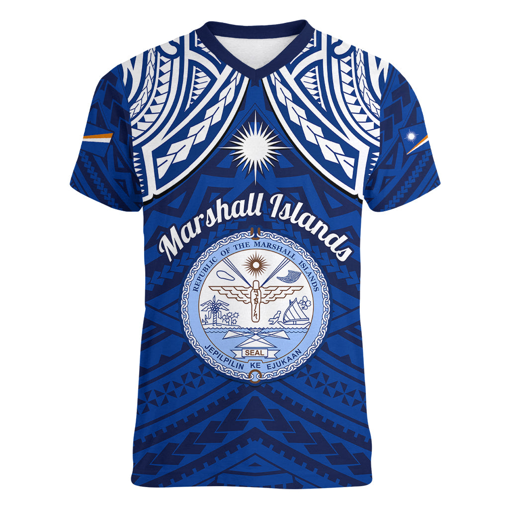 Marshall Islands Women V Neck T Shirt Blue Polynesian Tribal Mix Coat Of Arms - Wonder Print Shop
