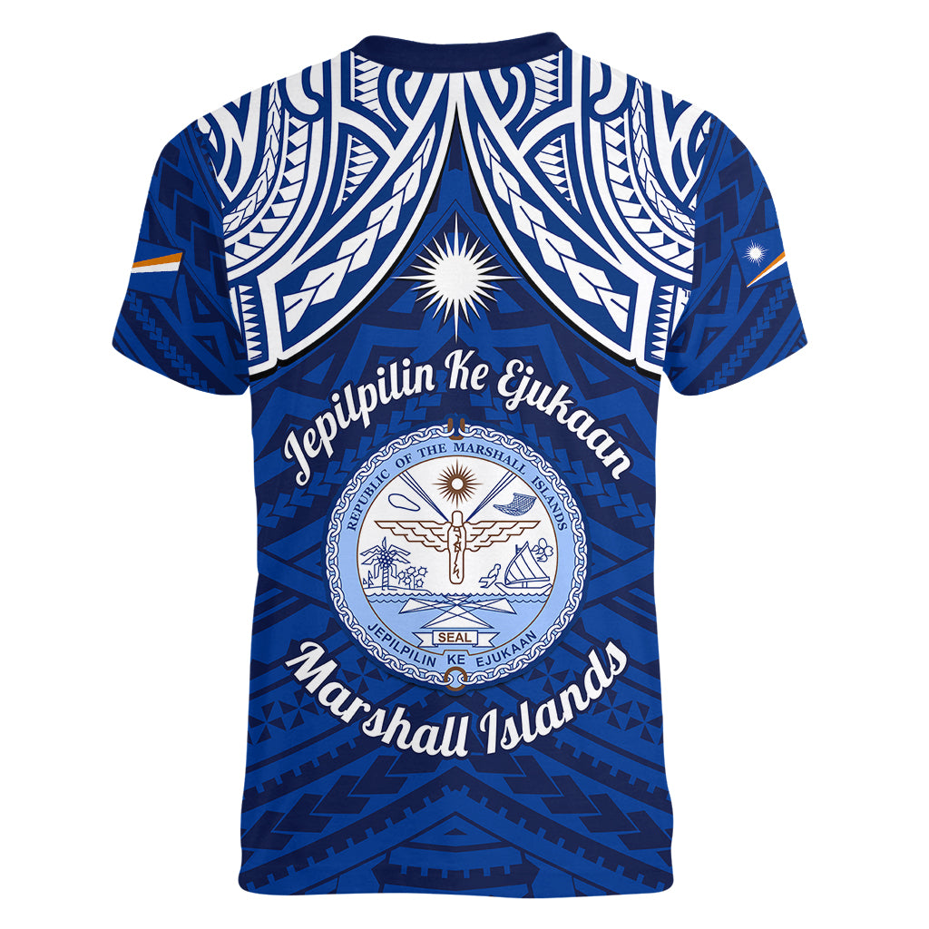 Marshall Islands Women V Neck T Shirt Blue Polynesian Tribal Mix Coat Of Arms - Wonder Print Shop