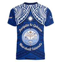 Marshall Islands Women V Neck T Shirt Blue Polynesian Tribal Mix Coat Of Arms - Wonder Print Shop