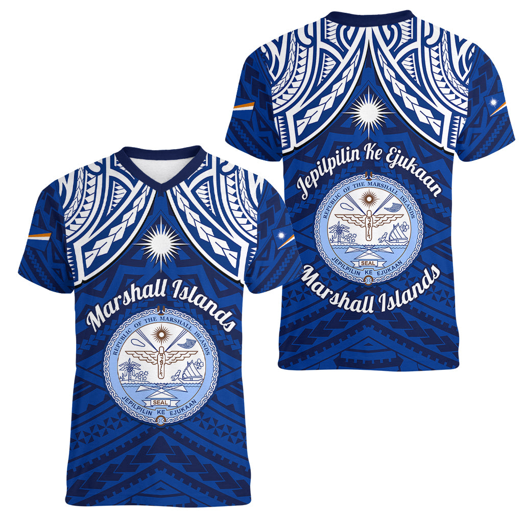 Marshall Islands Women V Neck T Shirt Blue Polynesian Tribal Mix Coat Of Arms - Wonder Print Shop