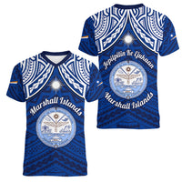 Marshall Islands Women V Neck T Shirt Blue Polynesian Tribal Mix Coat Of Arms - Wonder Print Shop