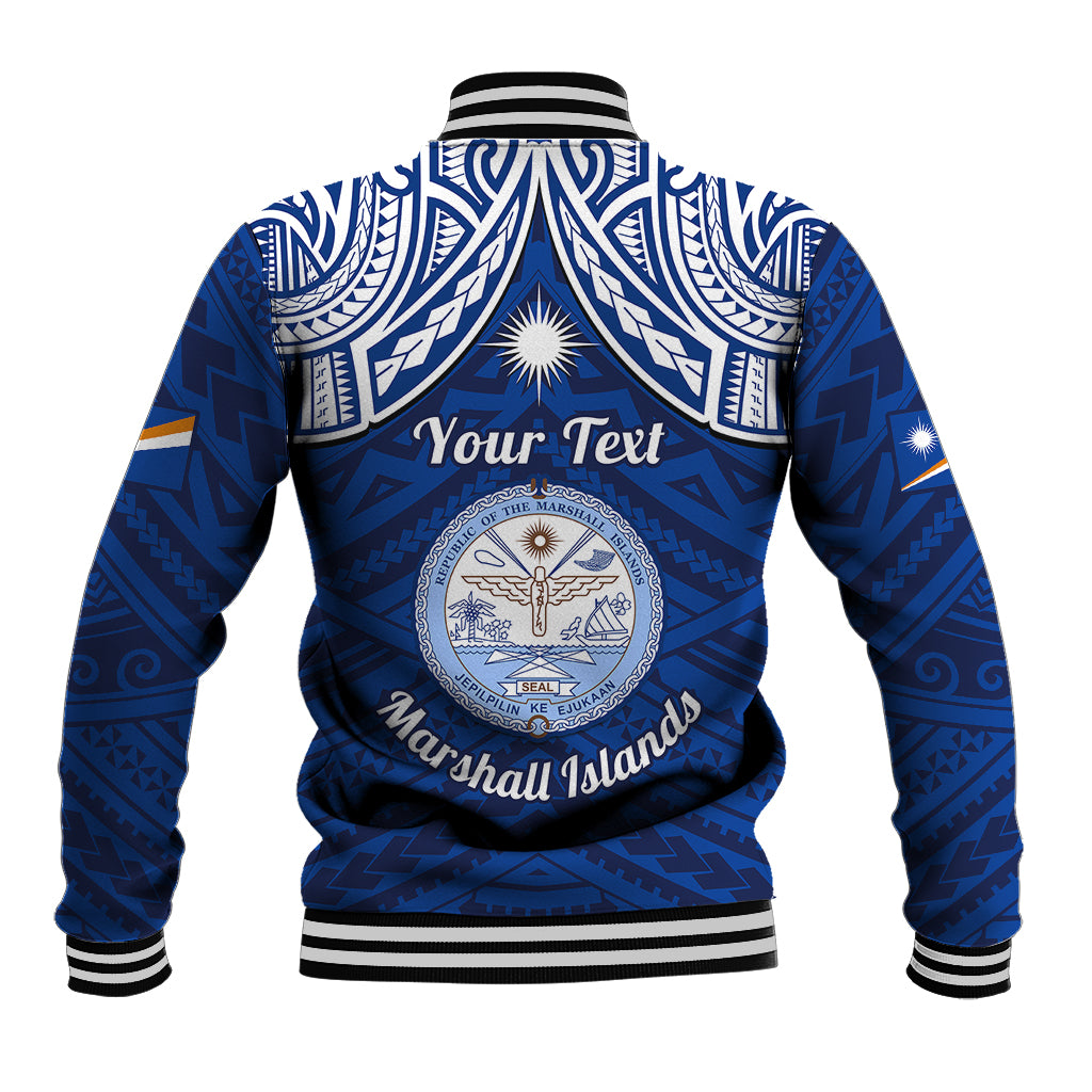 Personalised Marshall Islands Baseball Jacket Blue Polynesian Tribal Mix Coat Of Arms - Wonder Print Shop
