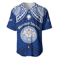 Personalised Marshall Islands Baseball Jersey Blue Polynesian Tribal Mix Coat Of Arms - Wonder Print Shop