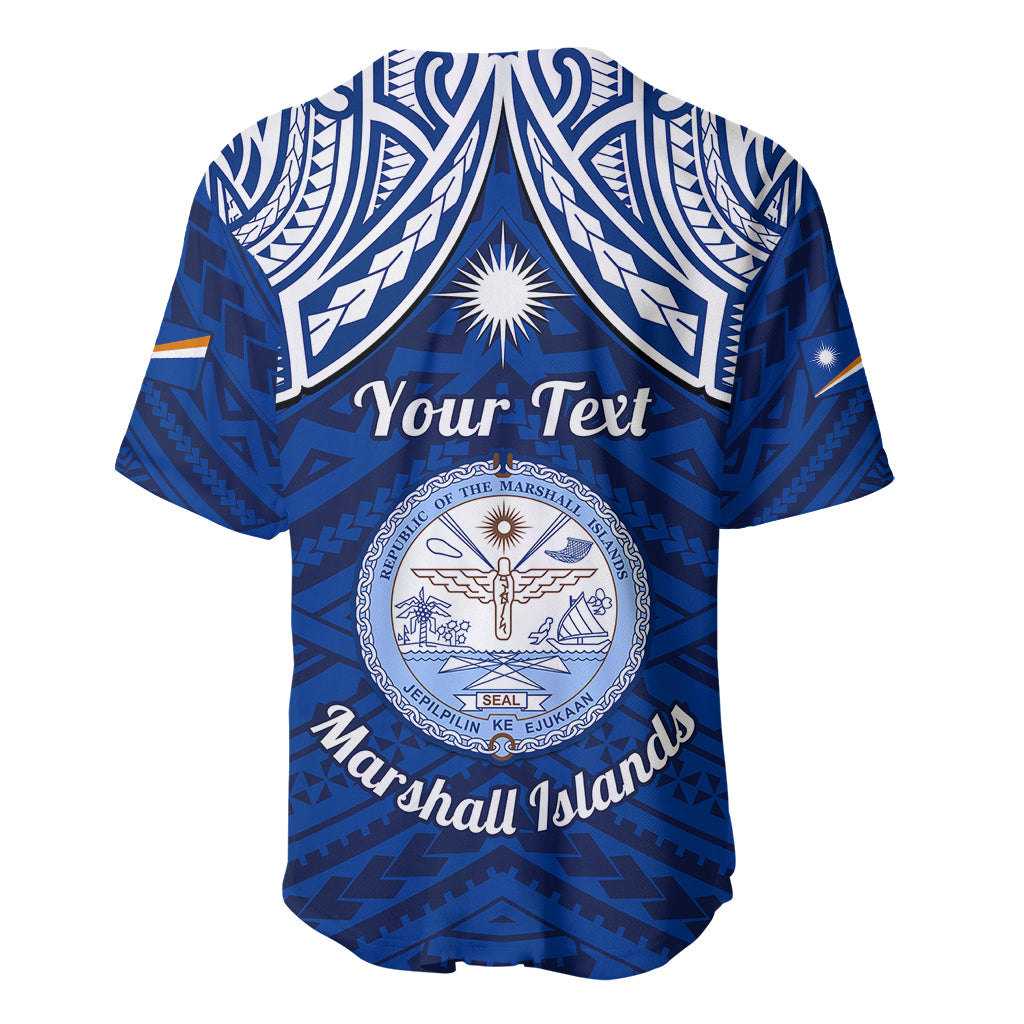 Personalised Marshall Islands Baseball Jersey Blue Polynesian Tribal Mix Coat Of Arms - Wonder Print Shop