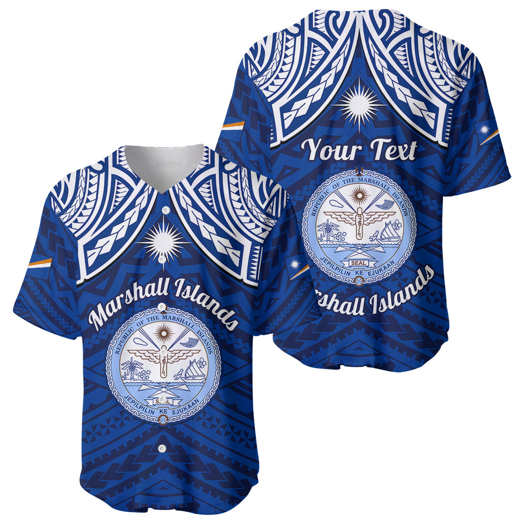 Personalised Marshall Islands Baseball Jersey Blue Polynesian Tribal Mix Coat Of Arms - Wonder Print Shop