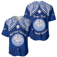 Personalised Marshall Islands Baseball Jersey Blue Polynesian Tribal Mix Coat Of Arms - Wonder Print Shop
