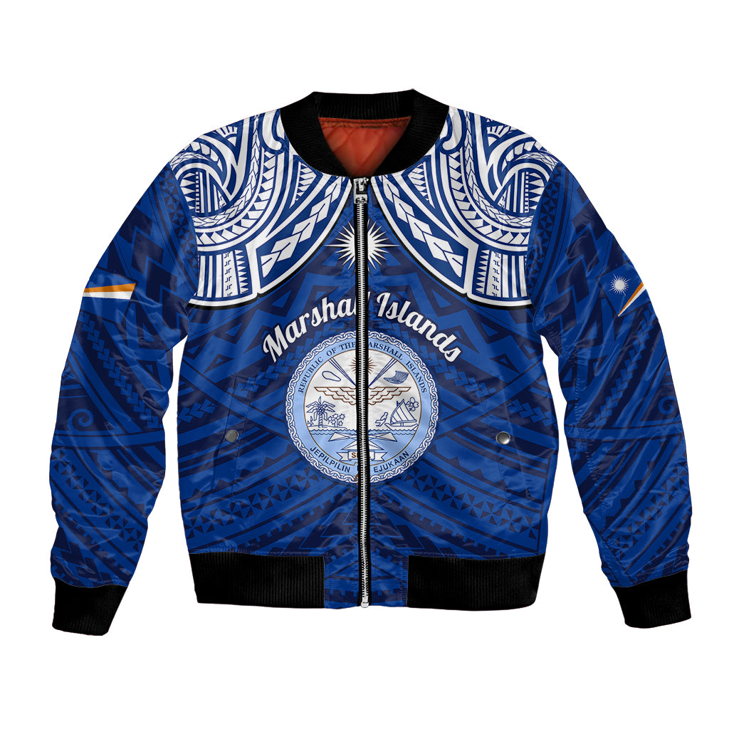 Personalised Marshall Islands Bomber Jacket Blue Polynesian Tribal Mix Coat Of Arms - Wonder Print Shop