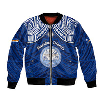 Personalised Marshall Islands Bomber Jacket Blue Polynesian Tribal Mix Coat Of Arms - Wonder Print Shop