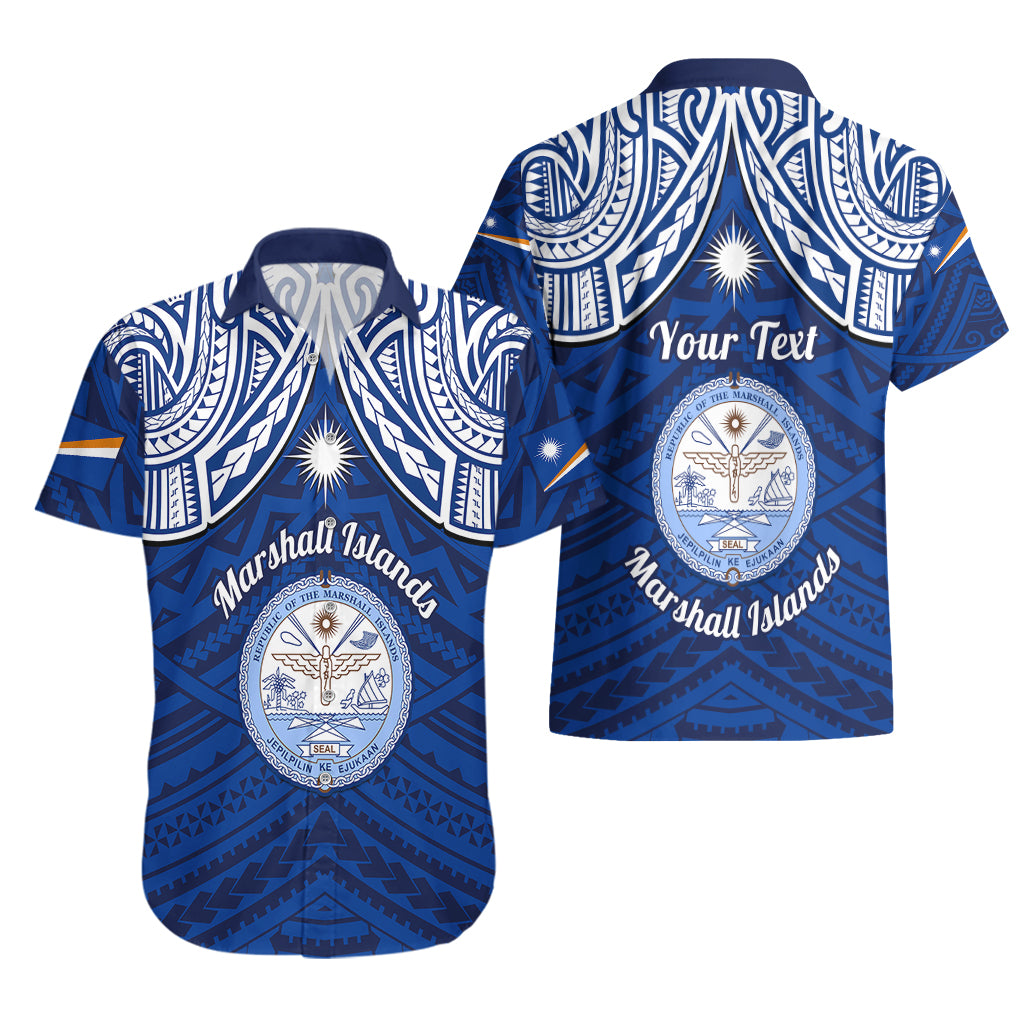 Personalised Marshall Islands Hawaiian Shirt Blue Polynesian Tribal Mix Coat Of Arms - Wonder Print Shop