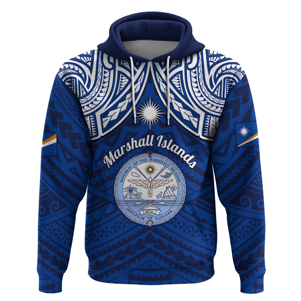 Personalised Marshall Islands Hoodie Blue Polynesian Tribal Mix Coat Of Arms - Wonder Print Shop