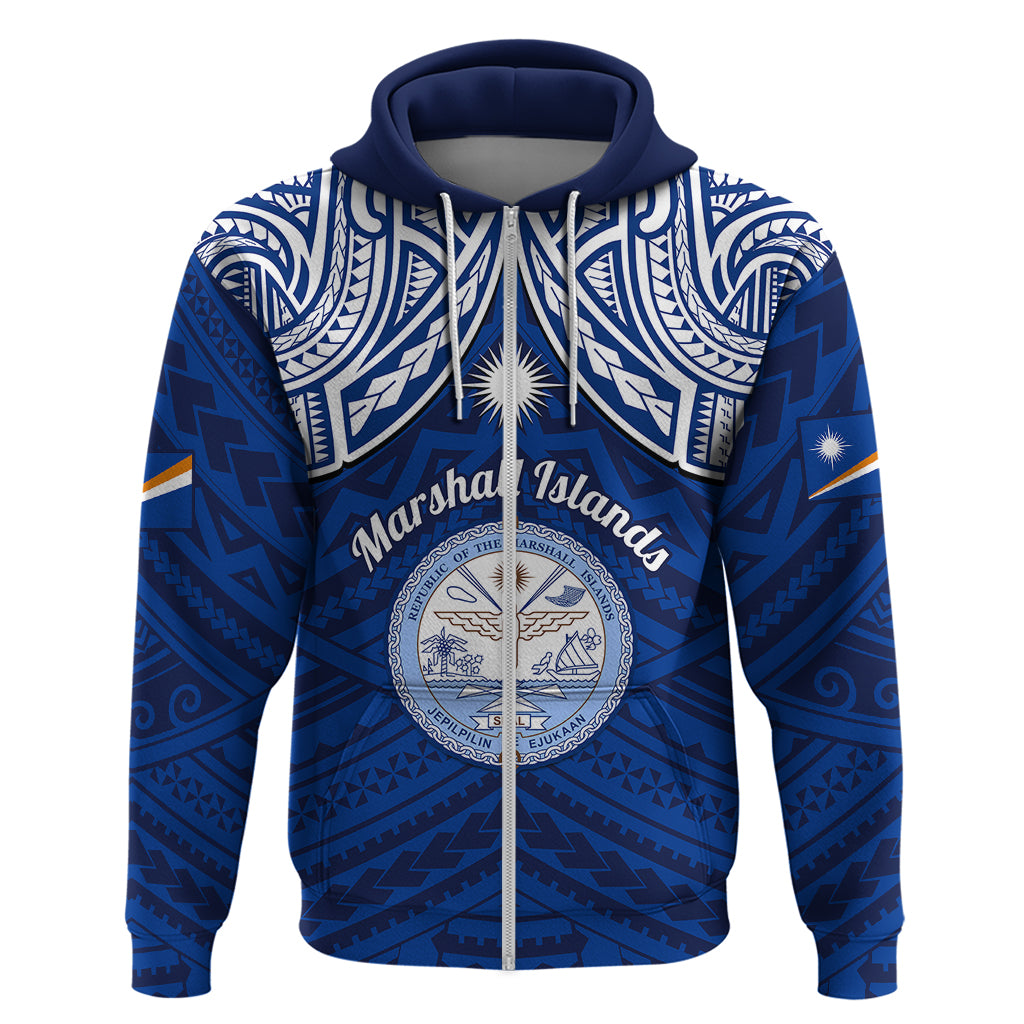 Personalised Marshall Islands Hoodie Blue Polynesian Tribal Mix Coat Of Arms - Wonder Print Shop