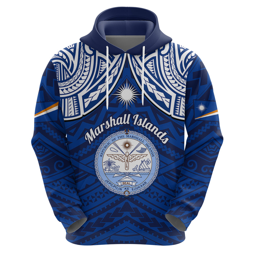 Personalised Marshall Islands Hoodie Blue Polynesian Tribal Mix Coat Of Arms - Wonder Print Shop