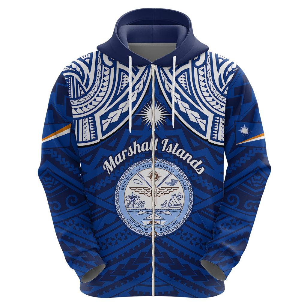 Personalised Marshall Islands Hoodie Blue Polynesian Tribal Mix Coat Of Arms - Wonder Print Shop