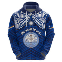 Personalised Marshall Islands Hoodie Blue Polynesian Tribal Mix Coat Of Arms - Wonder Print Shop