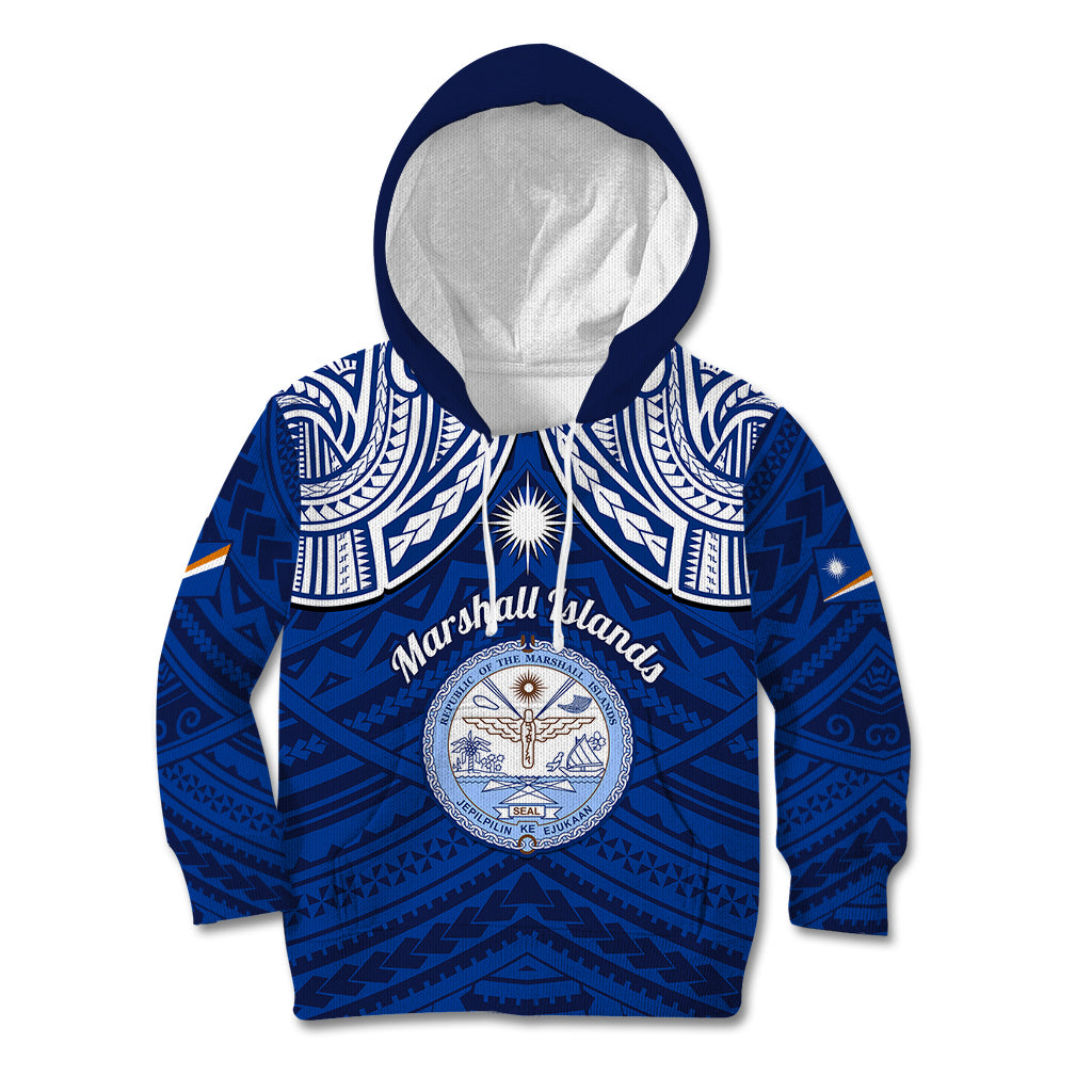 Personalised Marshall Islands Kid Hoodie Blue Polynesian Tribal Mix Coat Of Arms - Wonder Print Shop