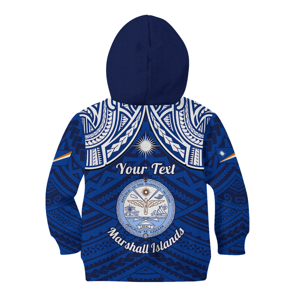 Personalised Marshall Islands Kid Hoodie Blue Polynesian Tribal Mix Coat Of Arms - Wonder Print Shop