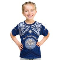 Personalised Marshall Islands Kid T Shirt Blue Polynesian Tribal Mix Coat Of Arms - Wonder Print Shop