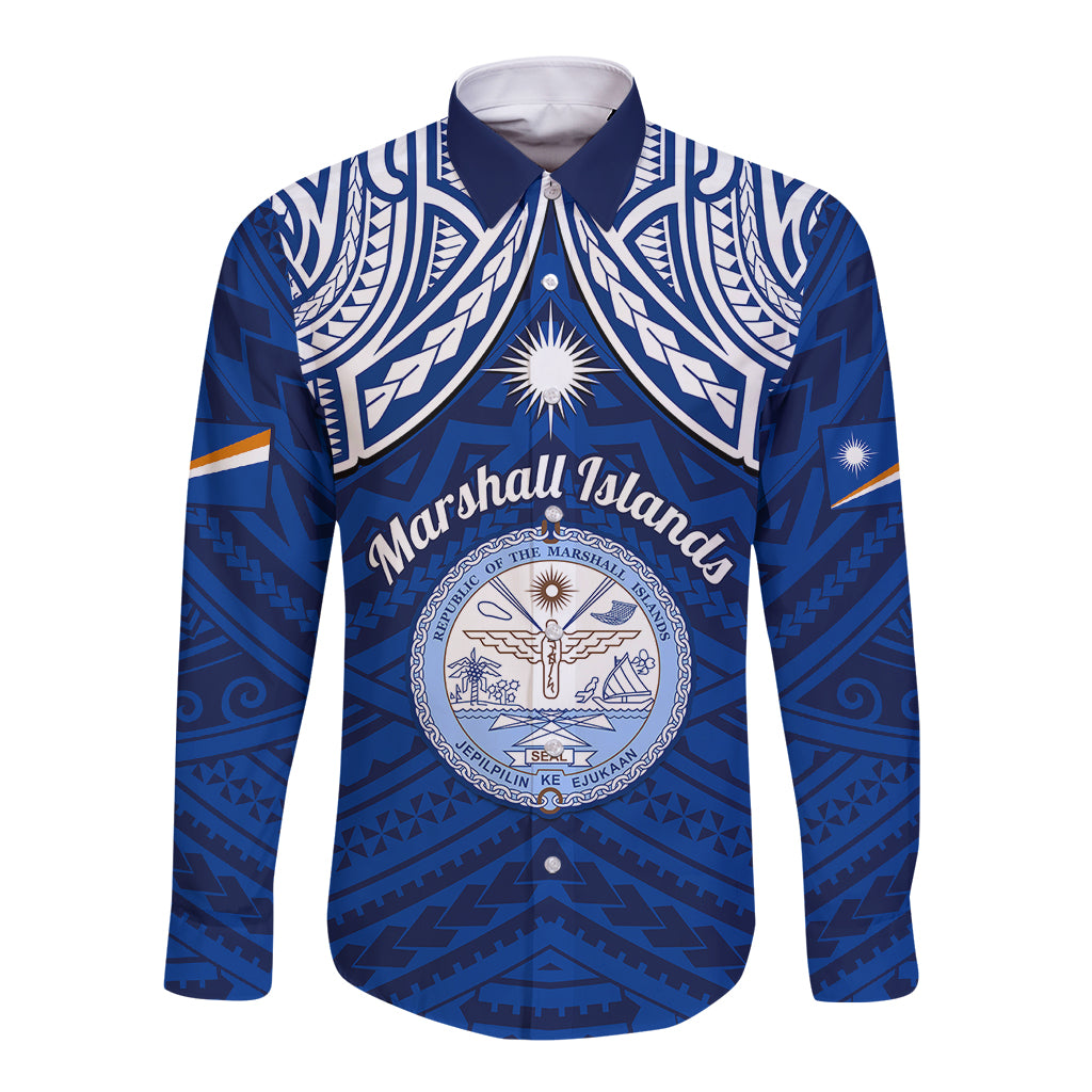 Personalised Marshall Islands Long Sleeve Button Shirt Blue Polynesian Tribal Mix Coat Of Arms - Wonder Print Shop