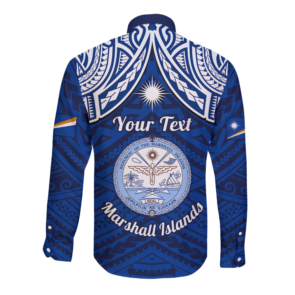 Personalised Marshall Islands Long Sleeve Button Shirt Blue Polynesian Tribal Mix Coat Of Arms - Wonder Print Shop